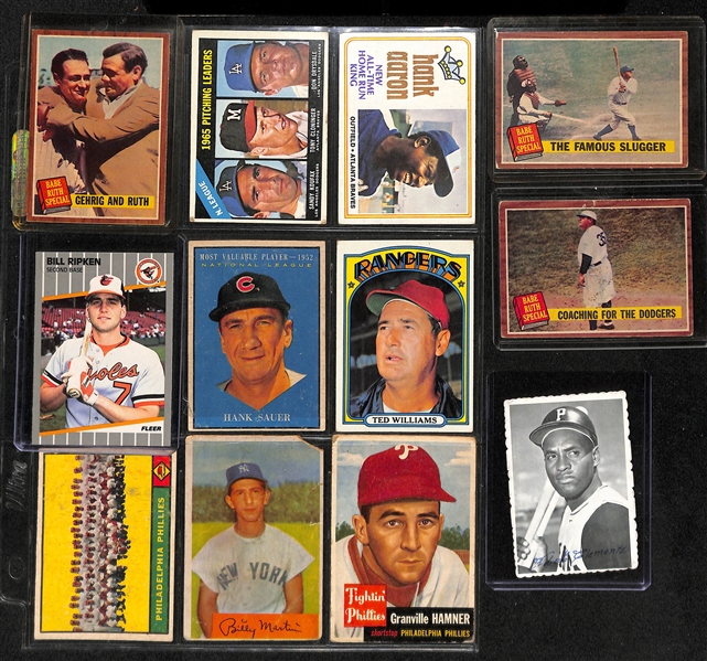  Vintage Baseball Card, Photo & Pin Lot w. Ripken Error FF Card & Babe Ruth Mirror Back Button